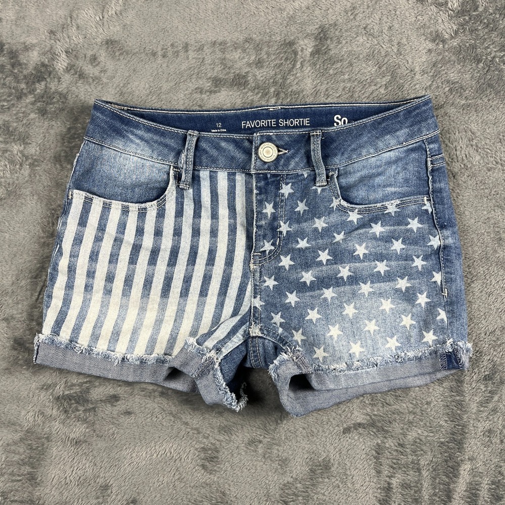 So Favorite Shortie Shorts Girls 12 Blue Denim American Flag Cotton Cuffed Hem